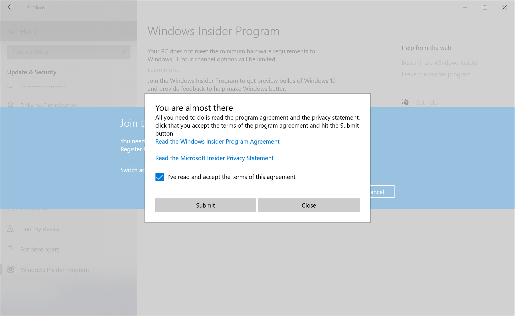 You are shown links to the Microsoft Insider Program Agreement and the Microsoft Insider Privacy Statement. A message is shown to confirm that by joining the Windows Insider Program, you agree to both.