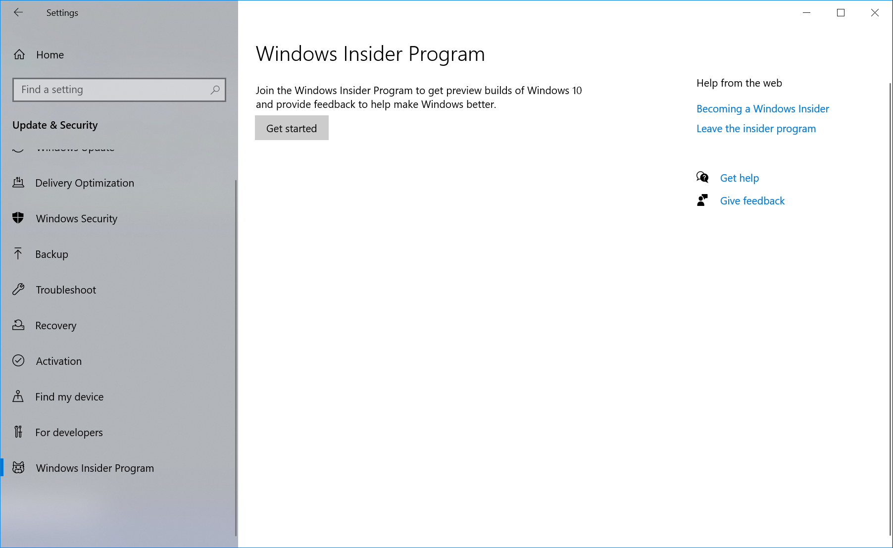 The Windows Insider Program settings page. A "Get started" button is shown, along with a quick one-sentence description.