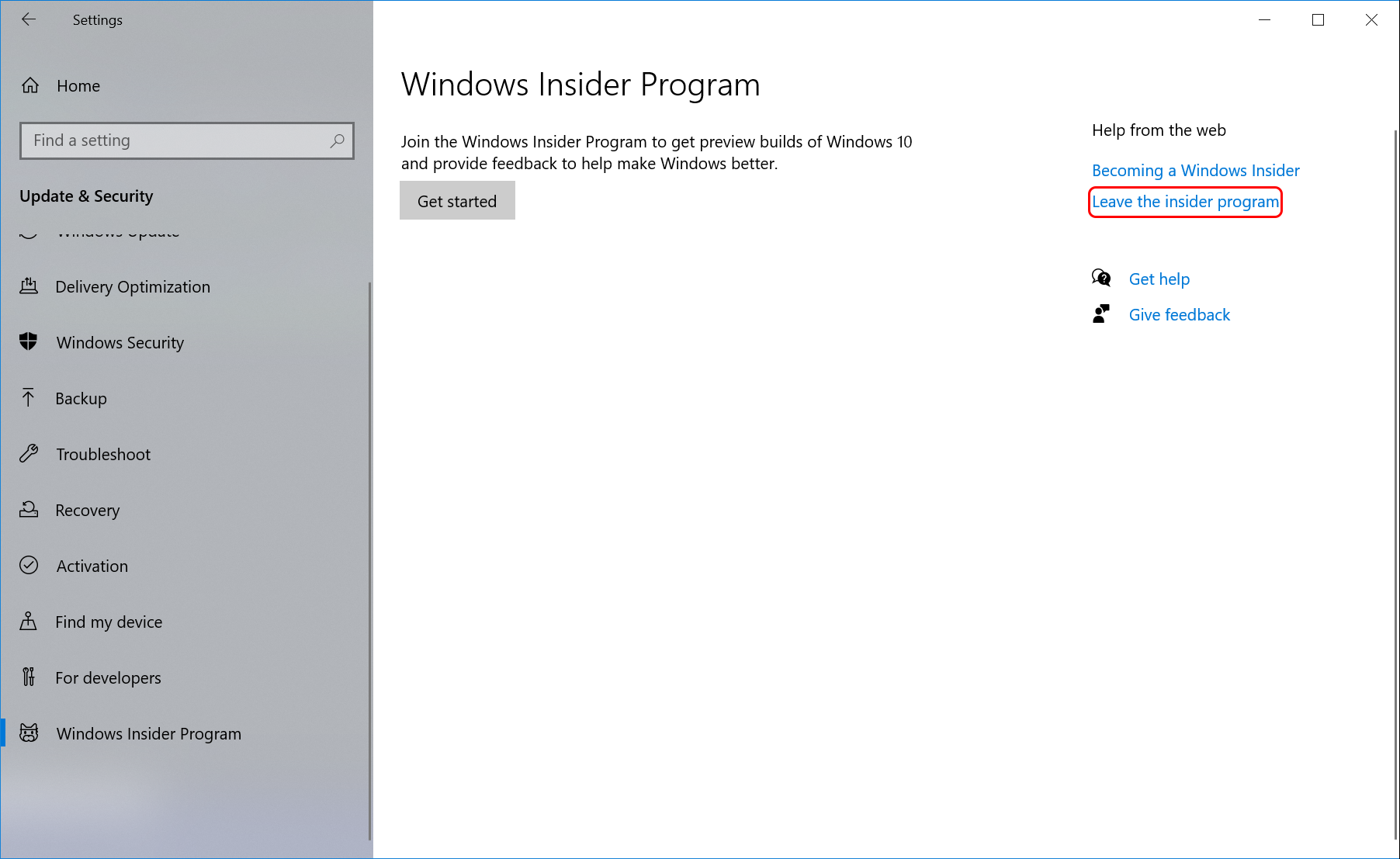 The Windows Insider Program settings page on a computer that is enrolled in the Windows Insider Program.