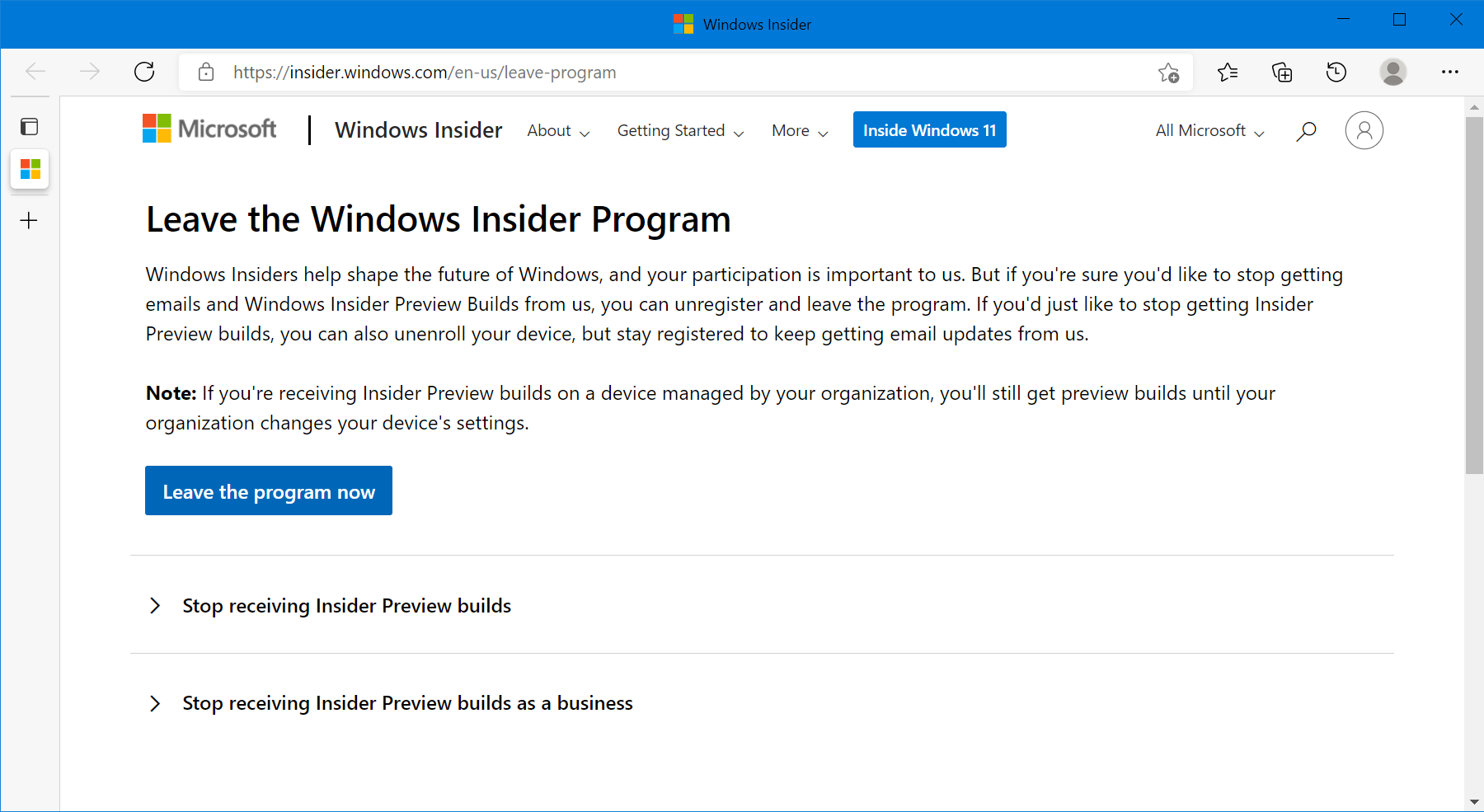 On the Windows Insider Program website, a quick two-sentence explainer describes how you can choose to unregister your Microsoft account from the program, or you can unenroll your device but keep your Microsoft account registered. Below this, there is a "Leave the program now" button.