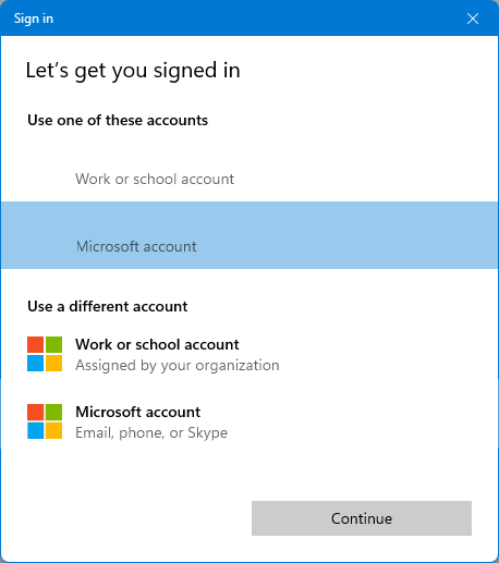 A screenshot of Windows' Microsoft account selector. You can choose to use a personal Microsoft account, or a work or school account.