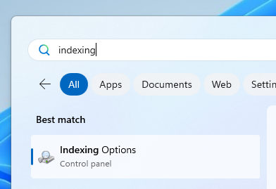 Screenshot of the user searching for the Indexing Options in the Start menu search.