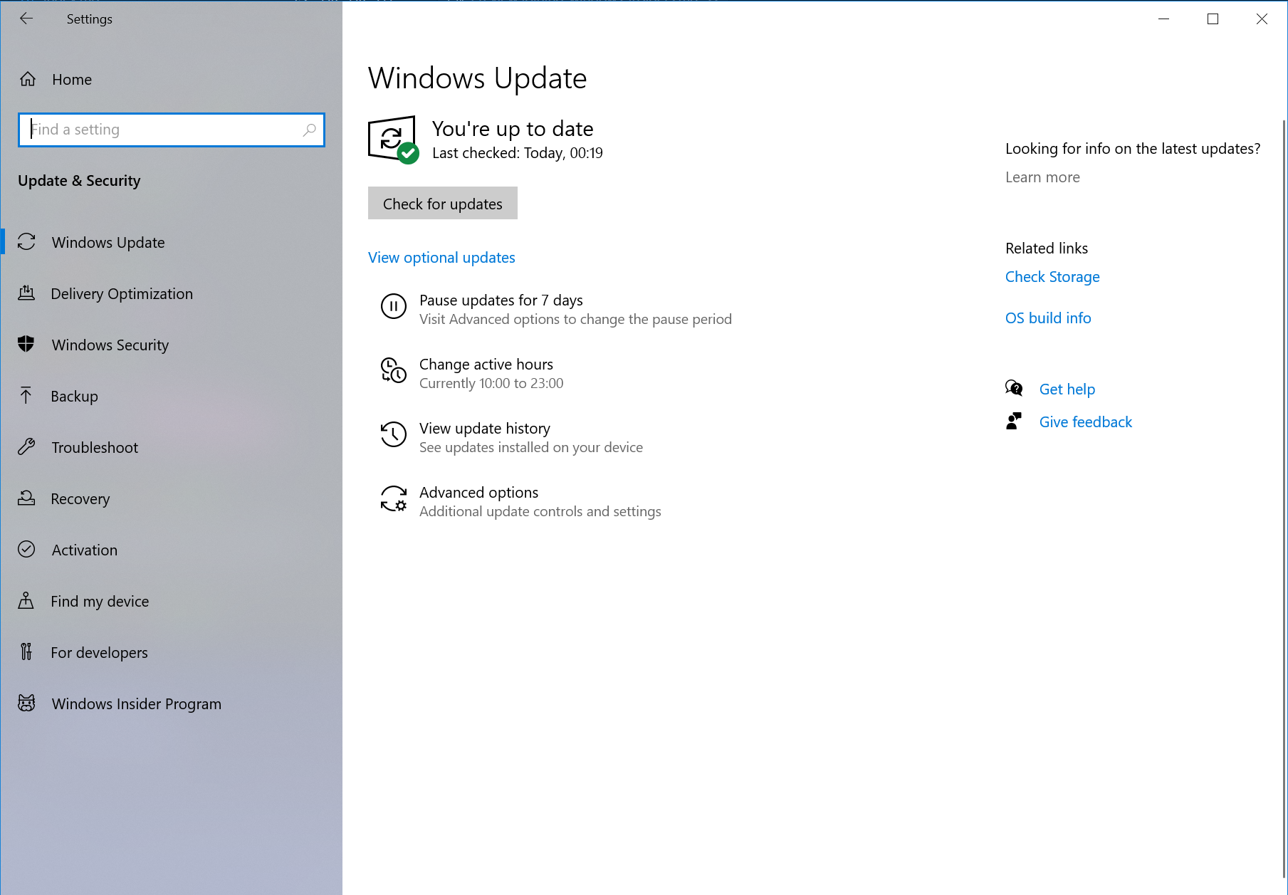 The Update & Security section of Windows 10's Settings app. In the list of pages on the left, the Windows Insider Program page is at the bottom.