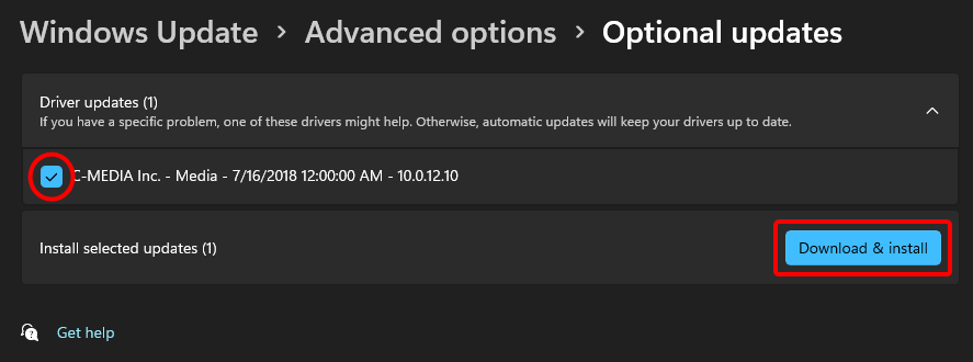 An available optional driver update, with the Download & install button selected.